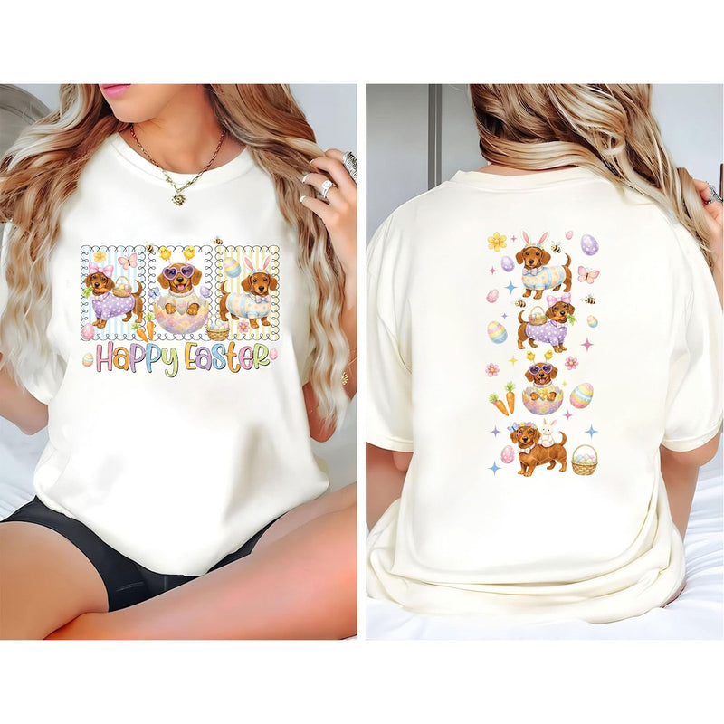 Dackel Oster T-Shirt vorne und hinten bedruckt „Happy Easter“