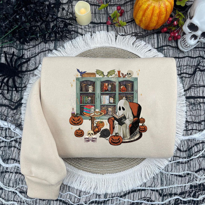 Bücher Halloween Pullover Gespenst im Lesesessel