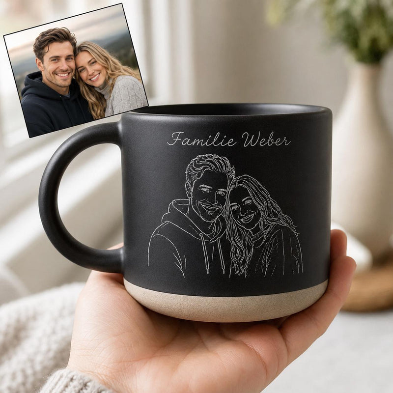 Personalisierte Fototasse mit Line-Art-Porträt aus deinem Foto