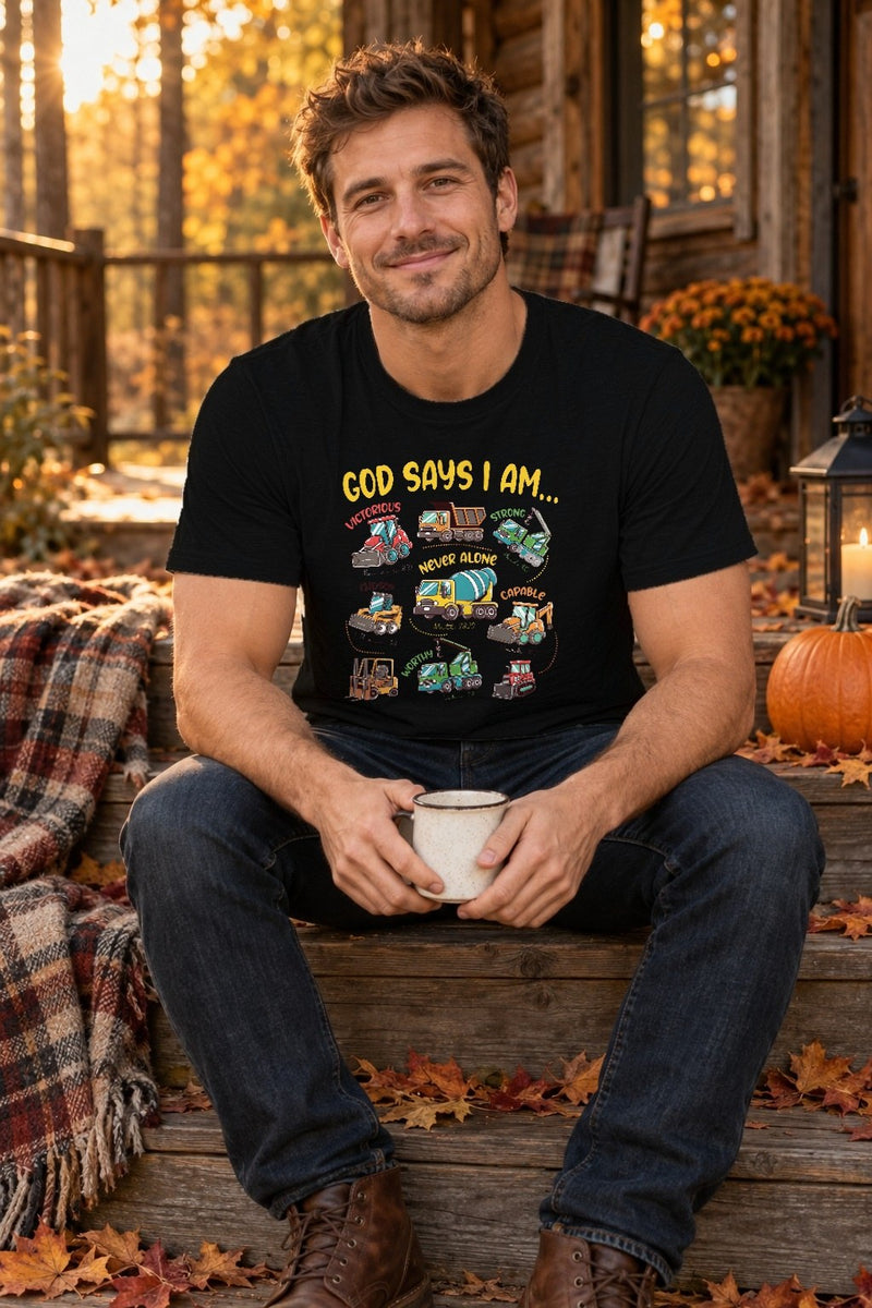 Christliches Kinder-Shirt „God says I am…“ mit Baustellenfahrzeugen