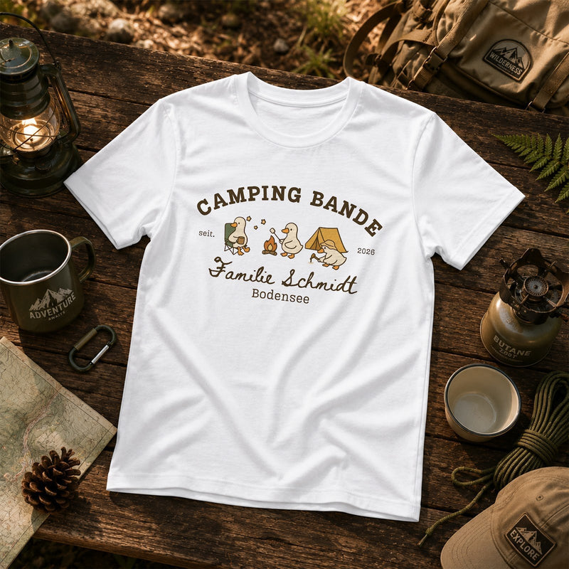 Camping T-Shirt „Camping Bande“ personalisiert mit Familienname, Ort und Jahr