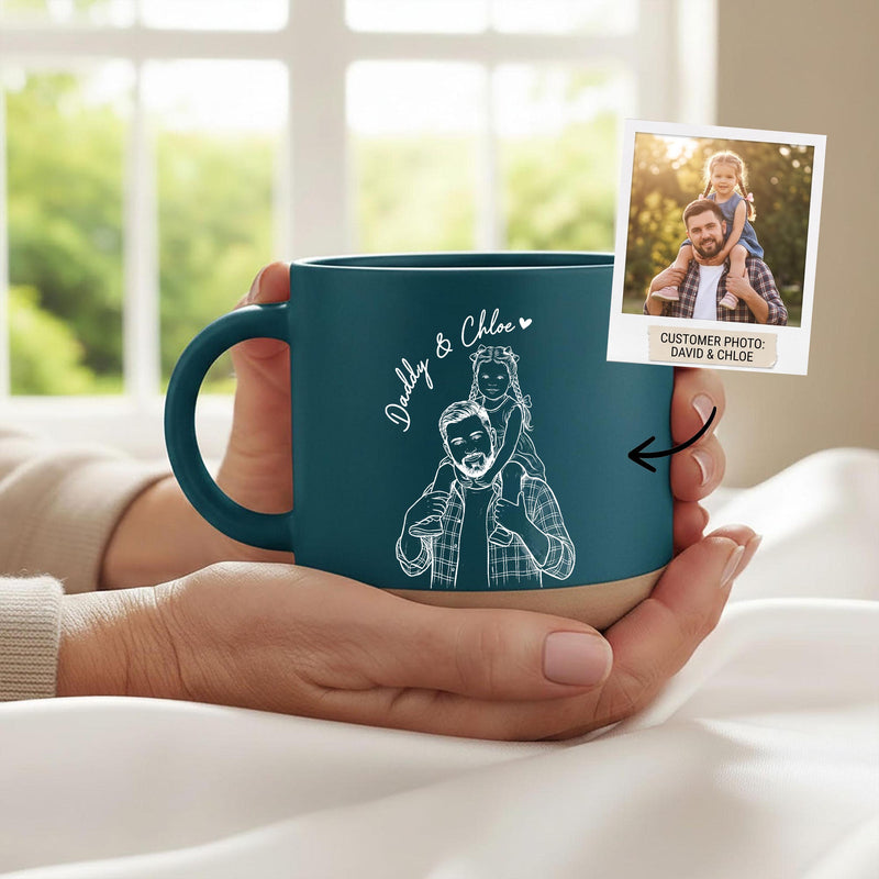 Personalisierte Foto-Tasse mit Line-Art-Porträt und Namen