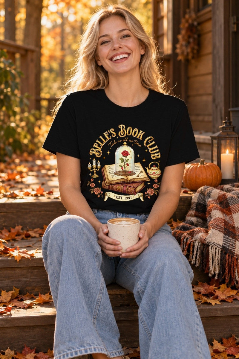 Buchclub-Shirt „Belle’s Book Club“ mit Rose unter Glasglocke