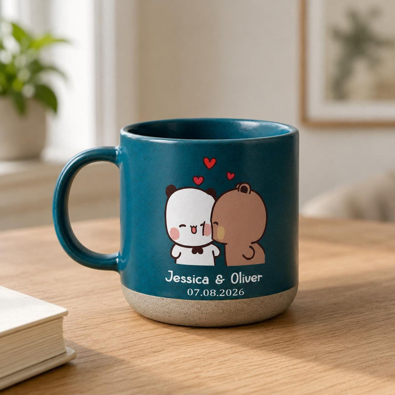 Pärchen-Tasse BuBu & Dudu mit Panda und Bär, personalisiert mit Namen und Datum